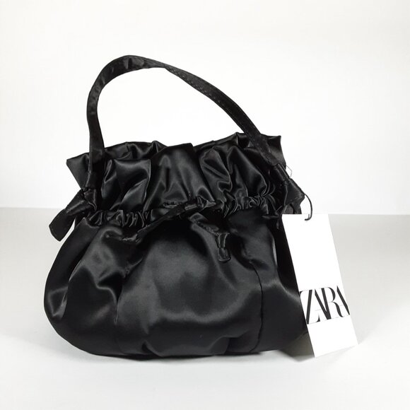 ZARA SATIN EFFECT MINI BUCKET BAG IN BLACK W/ CROSSBODY CHAIN STRAP NEW WITH TAG - Picture 2 of 10